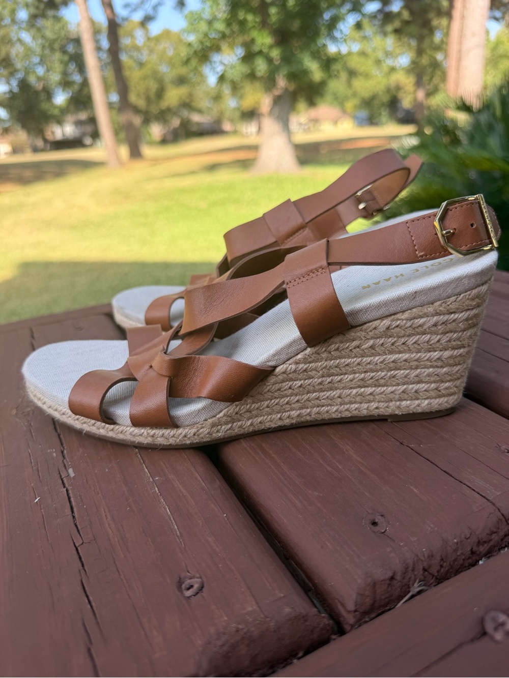 Cole Haan Crystal Honey Leather Espadrille Wedge Sandals Size 8 $150 - Picture 7 of 12